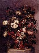 CORTE, Gabriel de la. Still-Life of Flowers in a Woven Basket oil painting on canvas